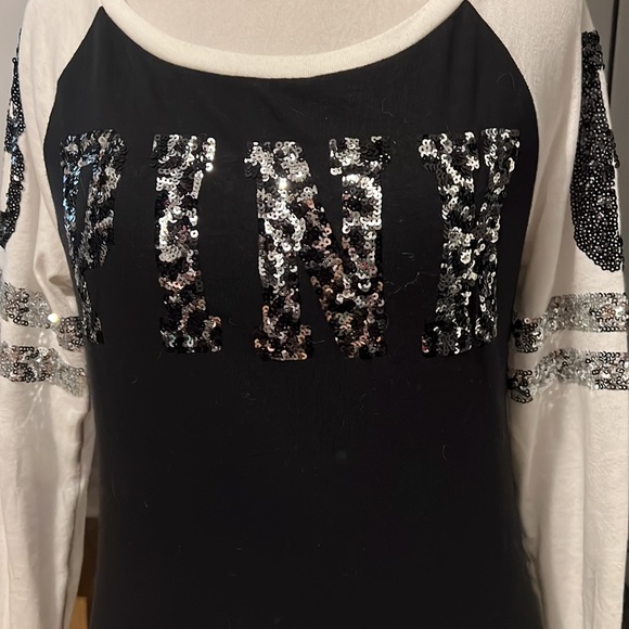 Pink Victoria’s Secret longsleeve baseball style shirt w/black & silver sequins - Picture 2 of 5
